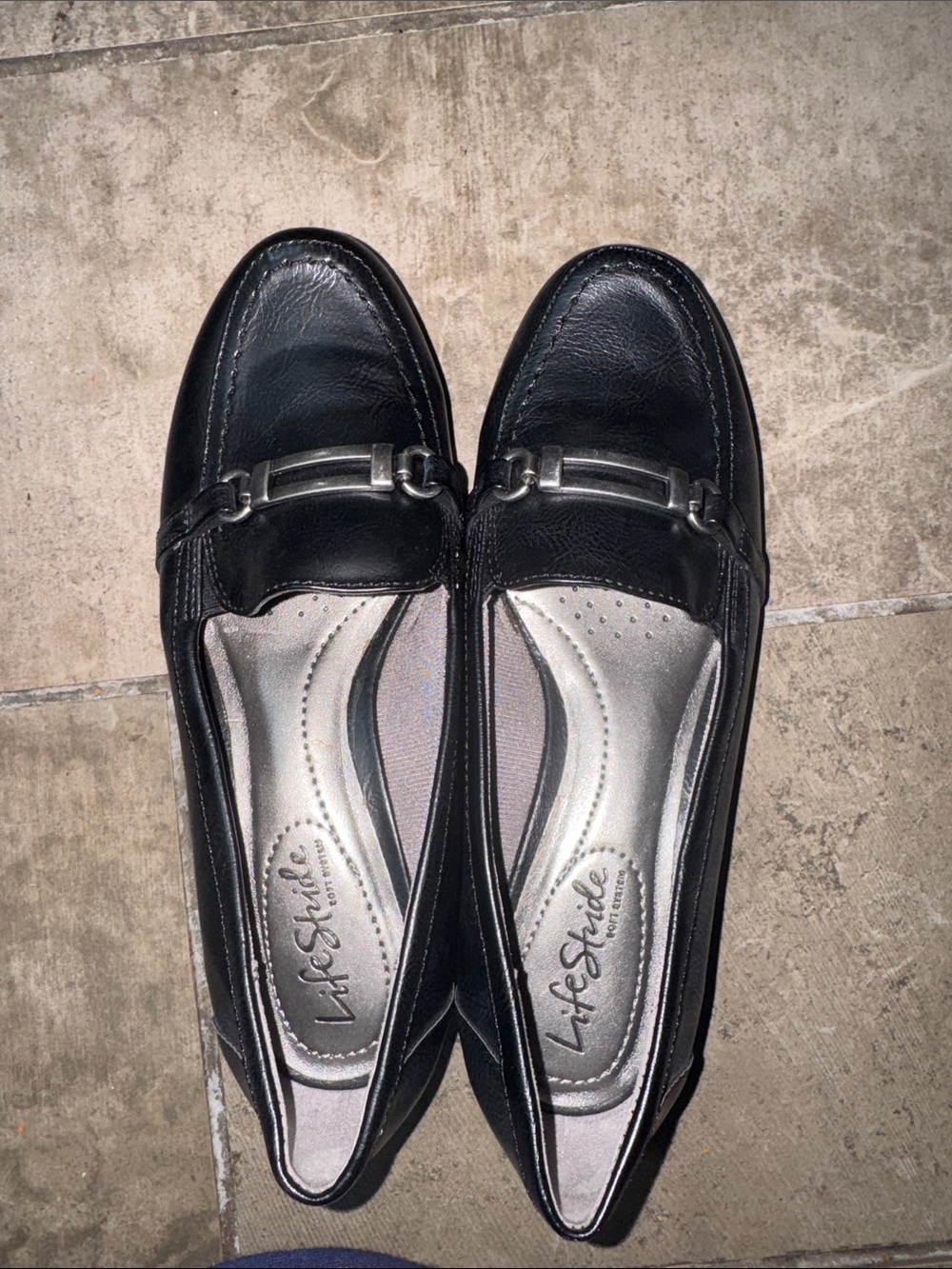 Life Stride Black Leather Loafers with Silver Accent
